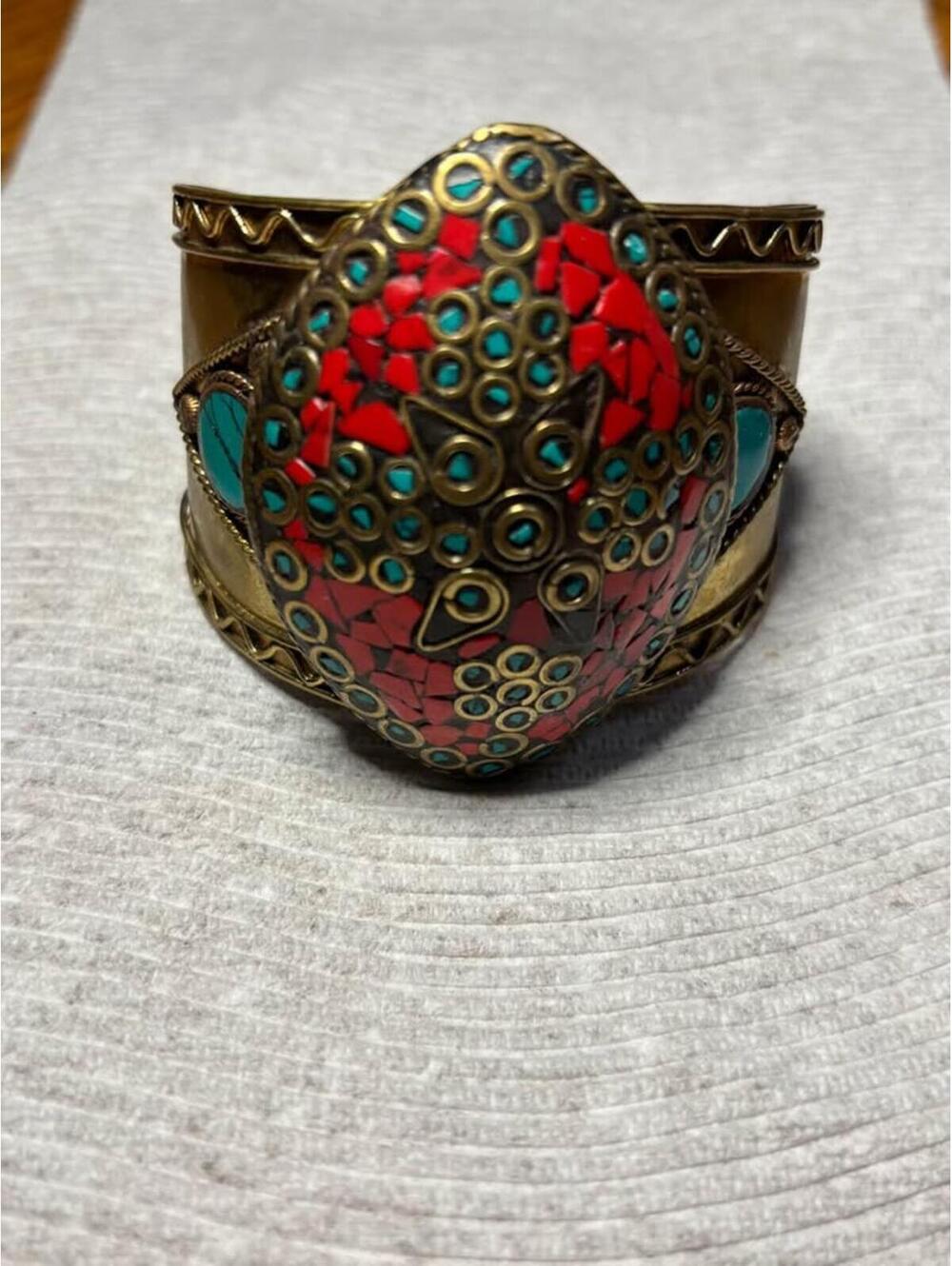 Vintage Brass Tibetan Mosaic Cuff Bracelet